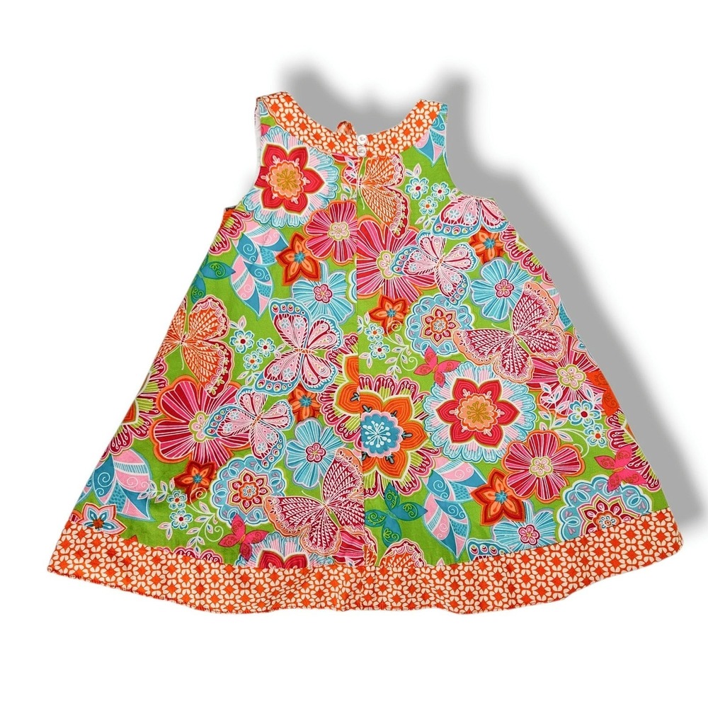 Counting Daisies Girls Butterfly Floral A Line Tie Back Dress Green Orange 4T - Picture 2 of 5